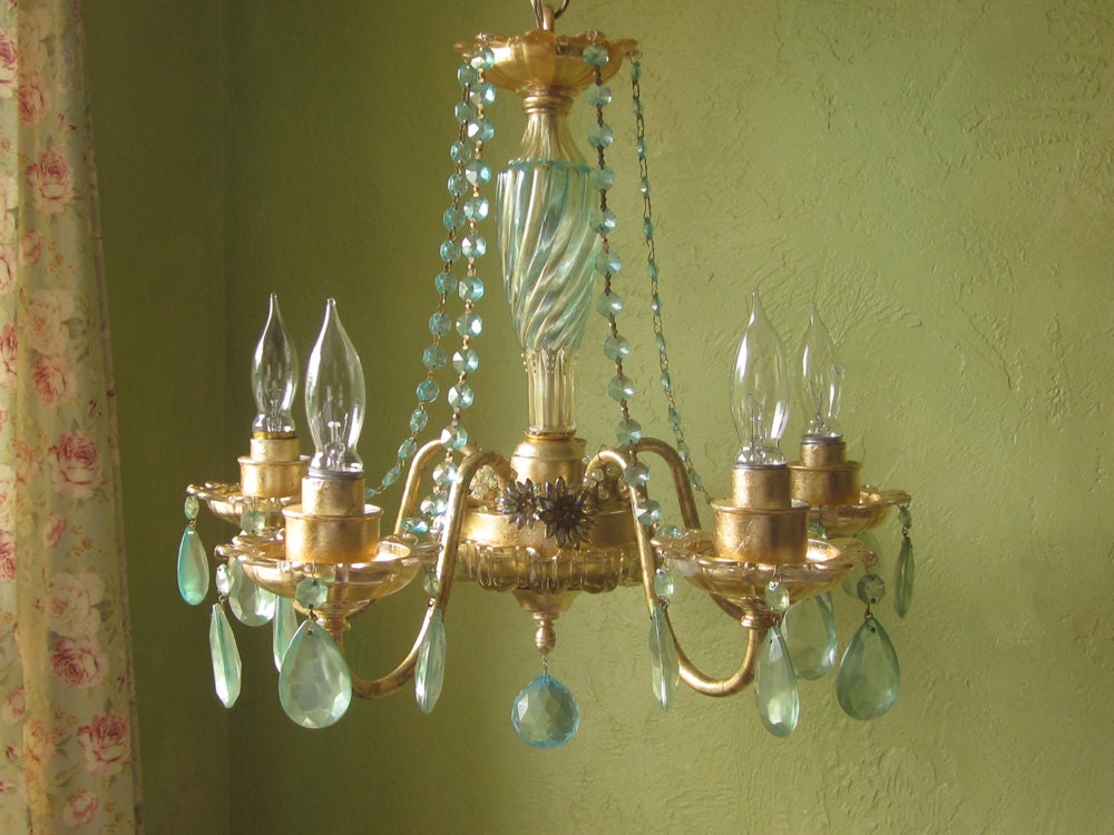 Chandelier, Aqua Crystal and Gold Gilt, One of a Kind