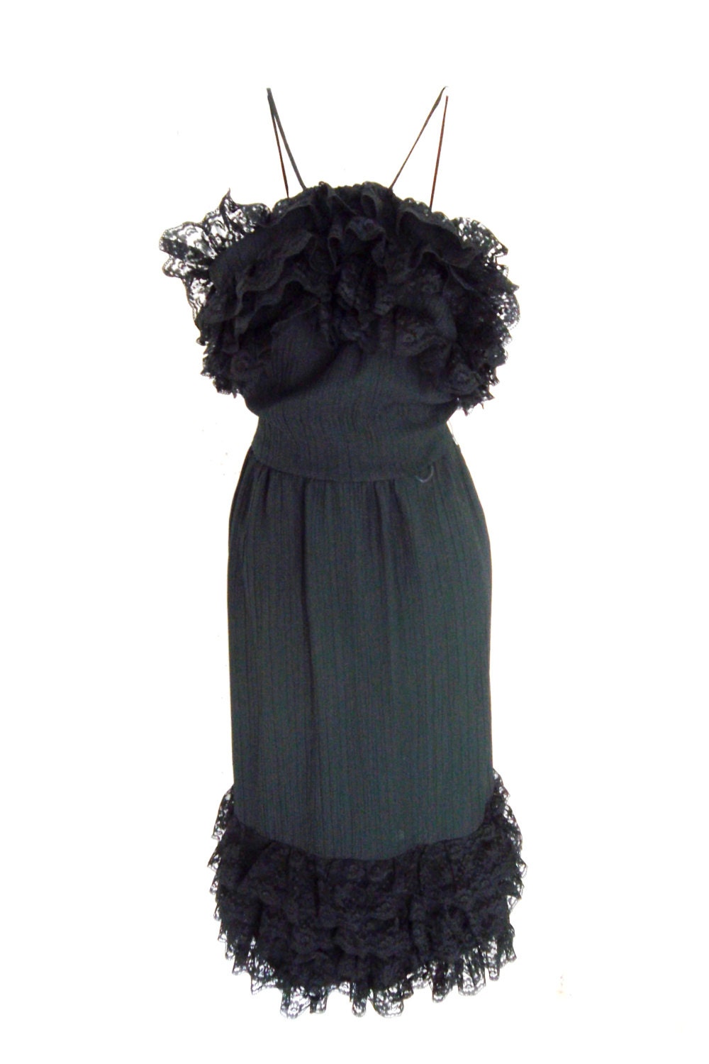 Gilberts for Tally Vintage 70s lace bustle  Ruched Pin up burlesque wiggle dress 8  10