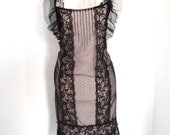 Vintage 80s Boudior bustle  Ruched black nude lace Pin up burlesque wiggle dress 8  10