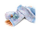 Fingerless Gloves blue pastel pink white hand knit in a cotton bamboo yarn all season wear