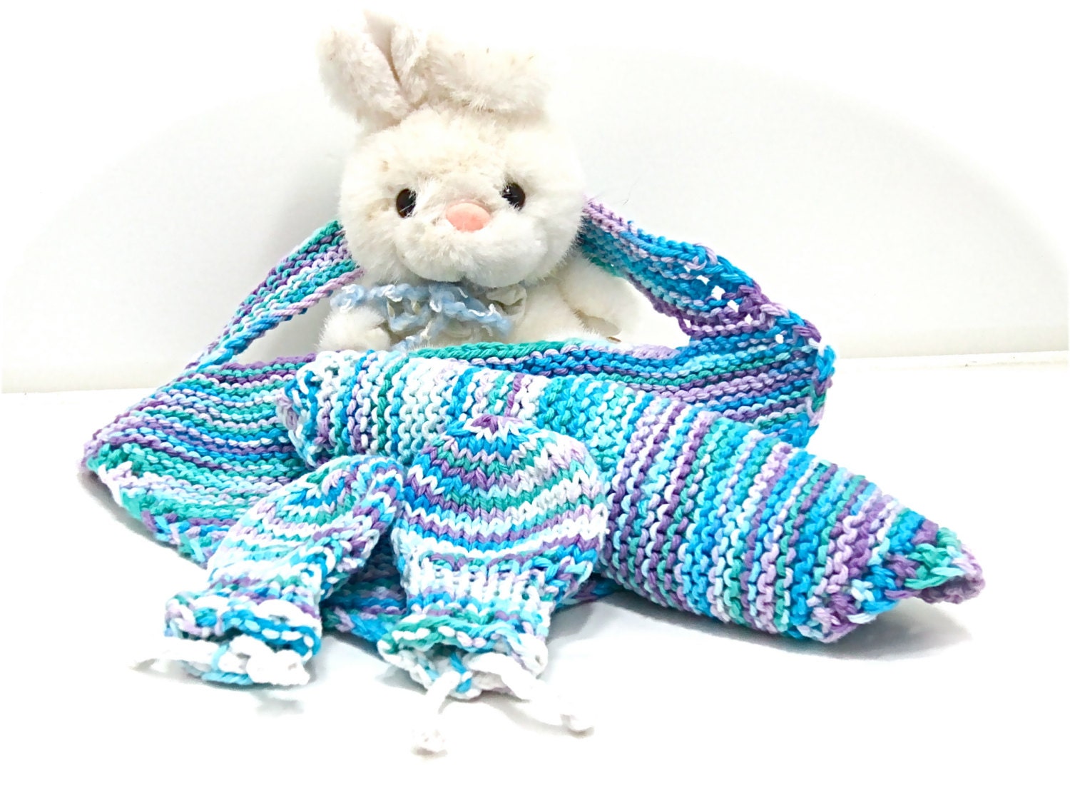 Baby Bib Pullover Eat Drool Wash Burp Cloth No Scratch Mitts Gift blue pink lavender green white aqua turquoise all cotton hand knit unisex