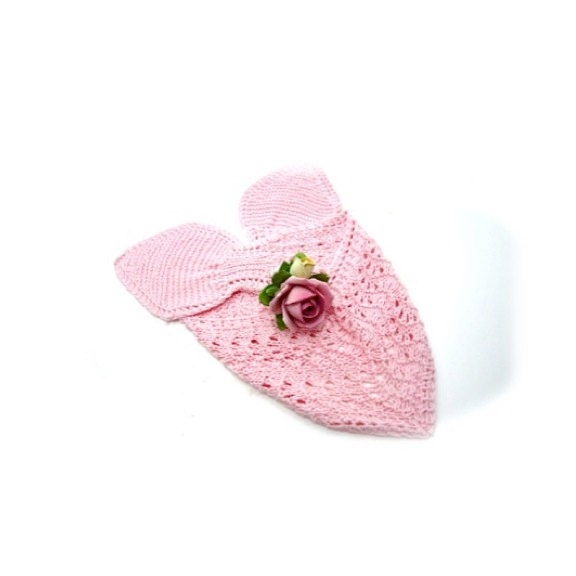 Scarf headband head wrap pink pastel hand knit soft bamboo & cotton yarn blend lace stitch pattern