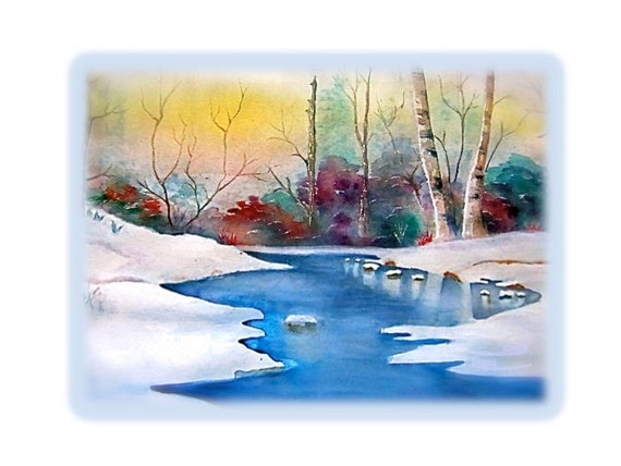Watercolor Print Snowy River white snow blue river birch trees a yellow-orange glowing sunset green red burgundy foliage