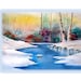 Watercolor Print Snowy River white snow blue river birch trees a yellow-orange glowing sunset green red burgundy foliage