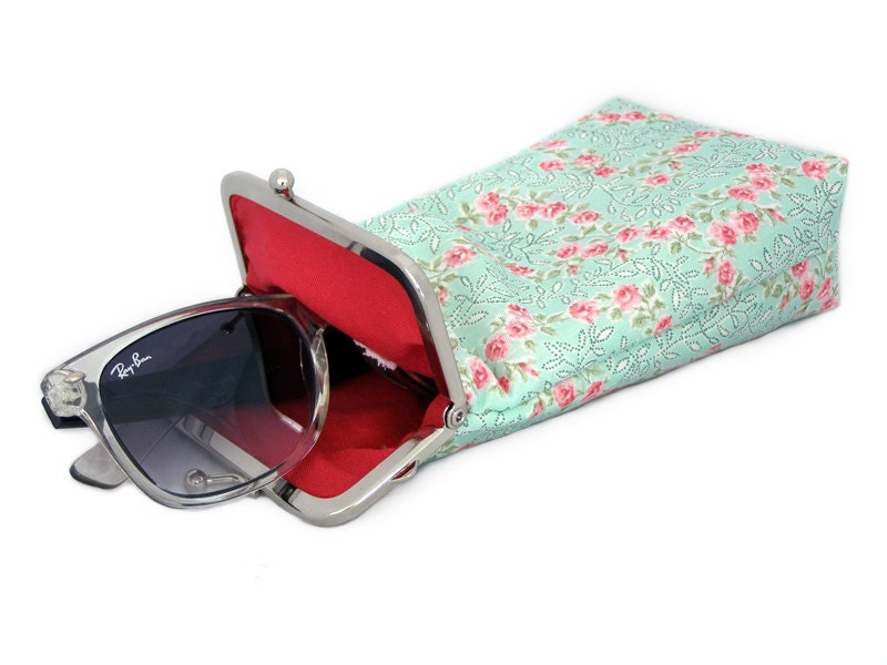 Sunglass Case - Pastel - Mint with Red and Pink Flowers 100% cotton - Silver Frame