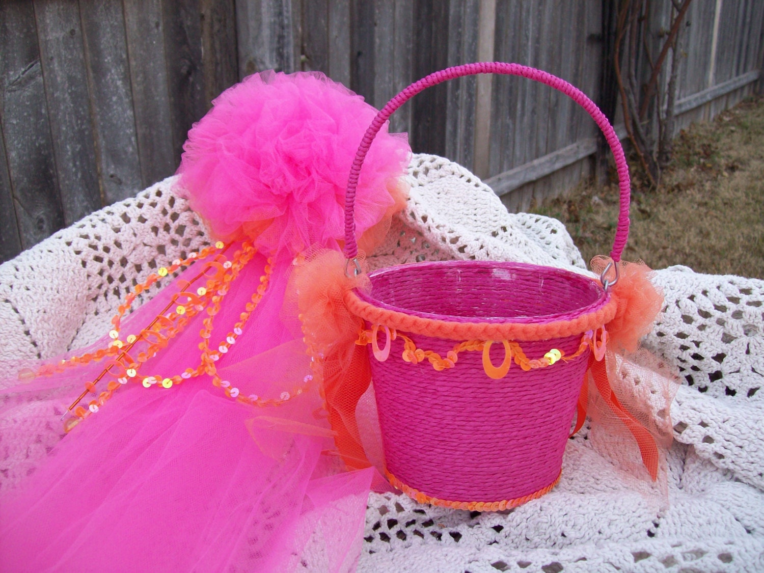 Pink and Orange Flower Girl Basket, Orange and Pink Wedding Decor