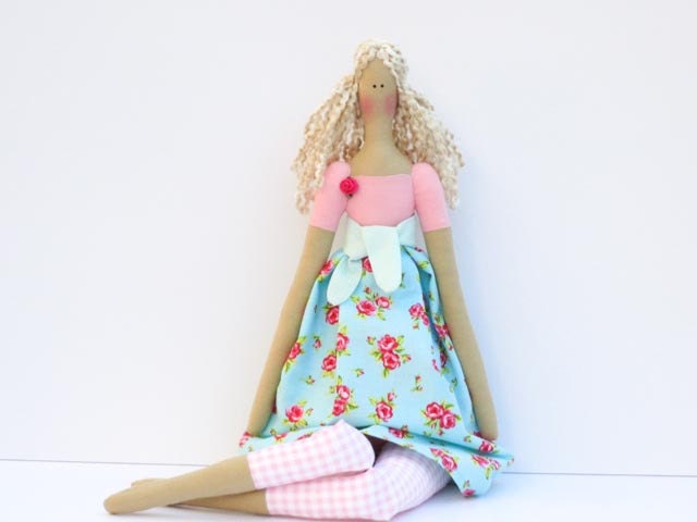Cloth doll blue pink rose dress fabric doll blonde rag doll cute stuffed doll,art doll - birthday gift for girls, Mothers day gift