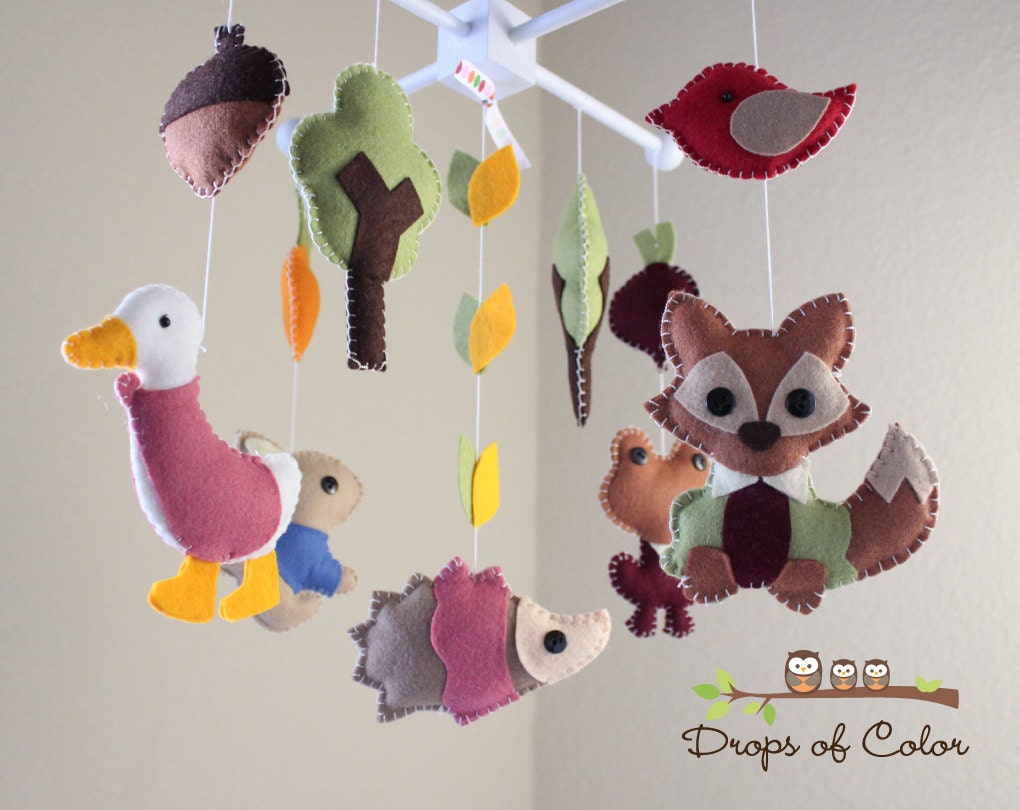 Baby Crib Mobile - Baby Mobile - Nursery Forest Crib Mobile - "Tale of Peter Rabbit & Friends" Fox, Frog, Duck (You can pick your colors)