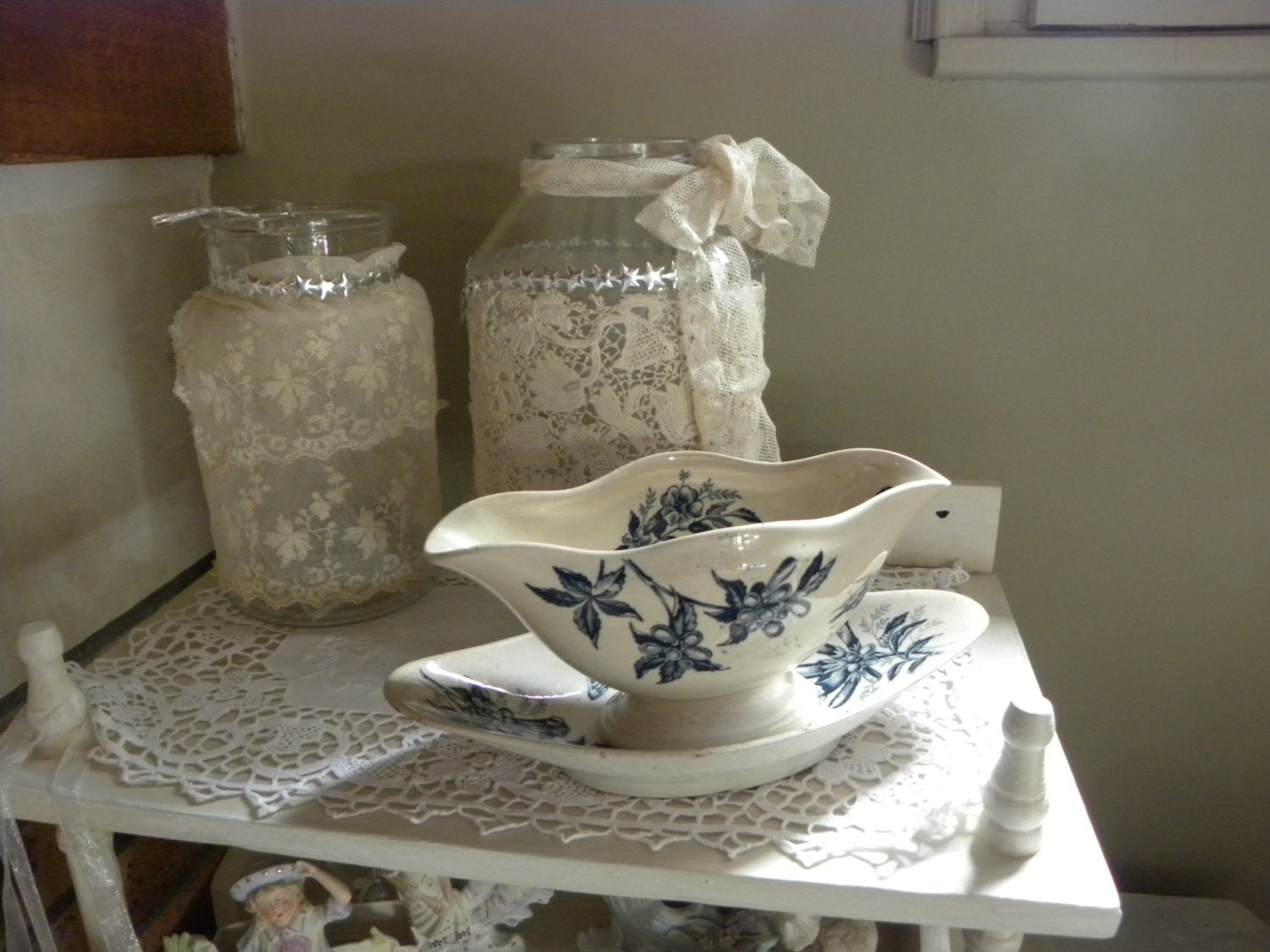 A french antique Badonviller gravy boat, Jasmin . flowers, buterflies