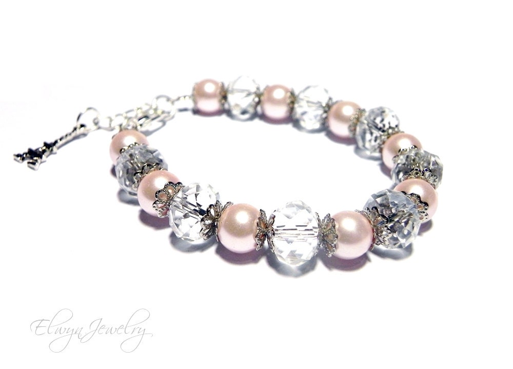 Little Girls Jewelry, Soft Pink, Crystal, Pearl Bracelet, Kids Jewelry, Charm Bracelet