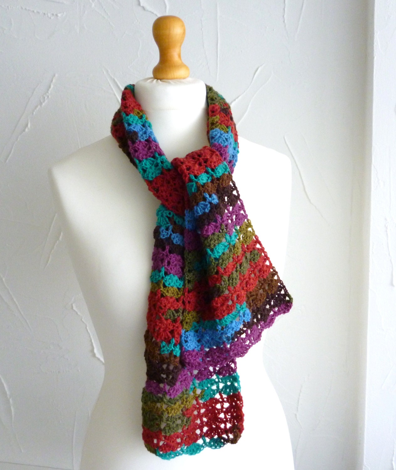 Multicoloured crochet scarf - rainbow colors - light - lacy design