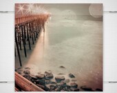 Dreamy Beach Photography - 8x8 photograph print - copper waves crashing dreamy bokeh summer pale surreal fog 'Illuminated Boardwalk'