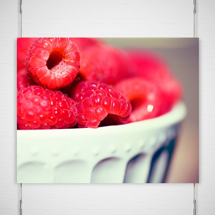 Raspberry Kitchen Photo - 8x10 Photograph - Food Print - Macro Fruit Photograph - red juicy bowl of raspberries in white bowl 'Raspberry' - BokehEverAfter