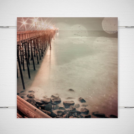 Dreamy Beach Photography - 8x8 photograph print - copper waves crashing dreamy bokeh summer pale surreal fog 'Illuminated Boardwalk'