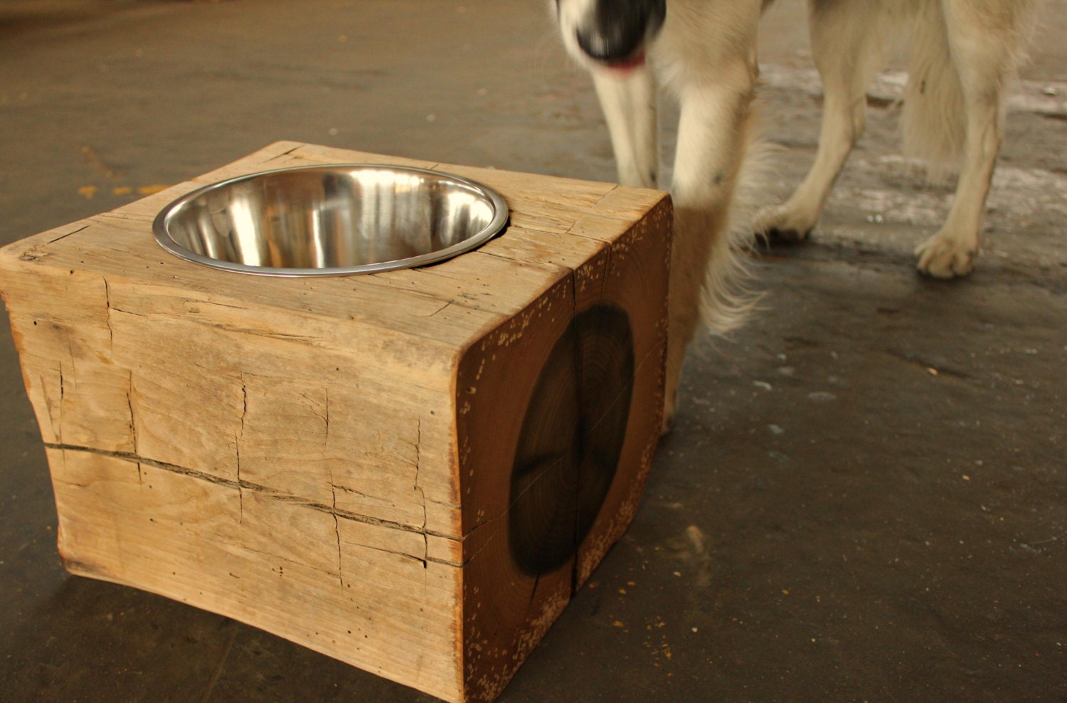 Wood Dog Dish Holder reclaimed barn beam 1 BOWL LARGE