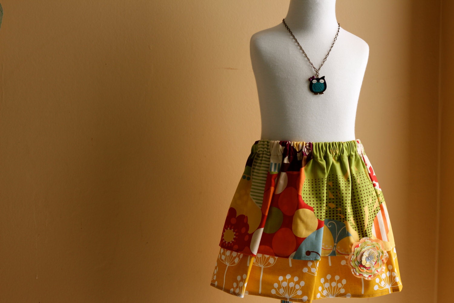 Little Girls Layer Skirt   art deco floral over maize dandelion with pin     6-12 mo,12-18 mo,2T,3T,4T,5T
