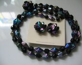 VINTAGE CARNIVAL GLASS Double Strand Necklace and Earrings Peacock 1950's Retro