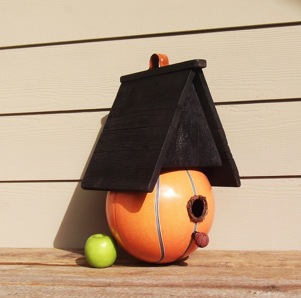 Basketball Birdhouse, Whimsical Birdhouse, One of a Kind, Repurposed Metal Basketball, Unique, Black and Orange Birdhouse