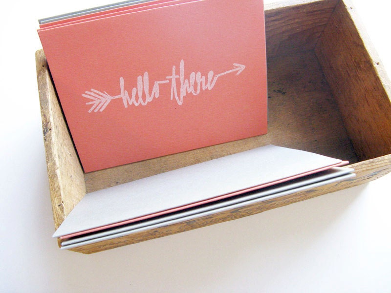 Hello There Arrow Card // Hand drawn Type // Gocco Printed // Coral Pink and Gray
