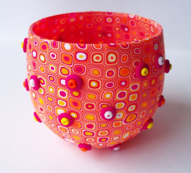 Candle Holder, polymer clay, fuchsia yellow orange white
