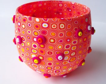 Candle Holder, polymer clay, fuchsia yellow orange white