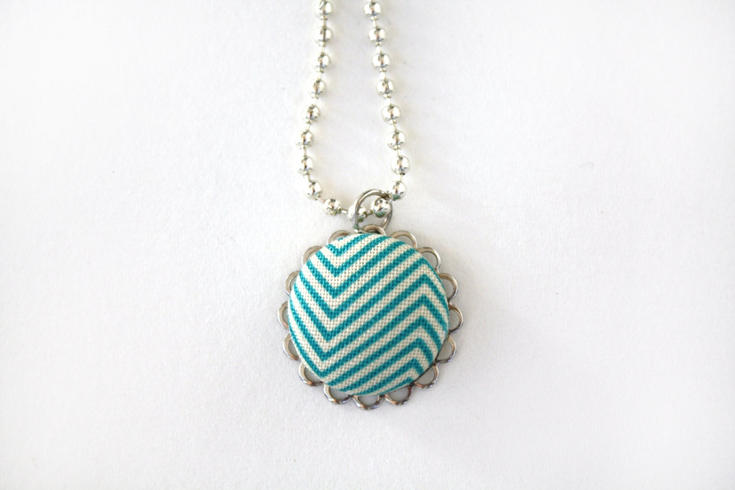 Teal Blue Chevron Necklace, Jewelry, Geometric,  Pendant, Ball Chain, Fabric, Covered Button