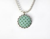 Necklace, Blue and Green Polka Dot , Jewelry,  Pendant, Ball Chain, Fabric, Spring