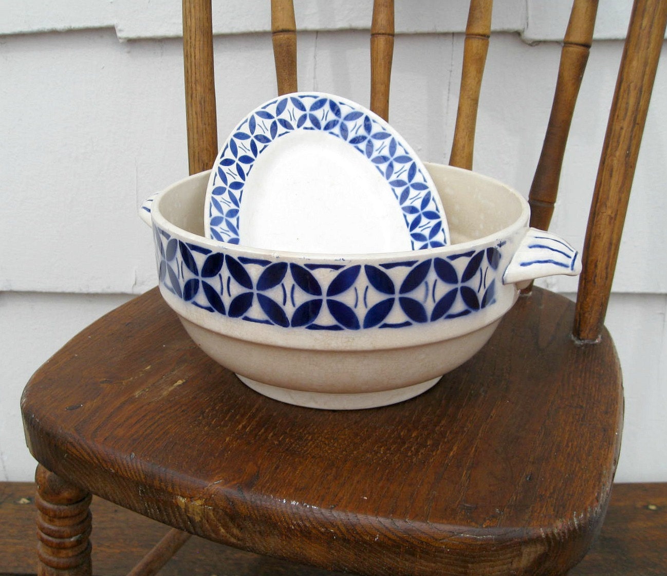 Vintage French Bowl with Handles and Small Oval Dish - Distressed Blue and White - Bathilde - Digoin Sarreguemines France