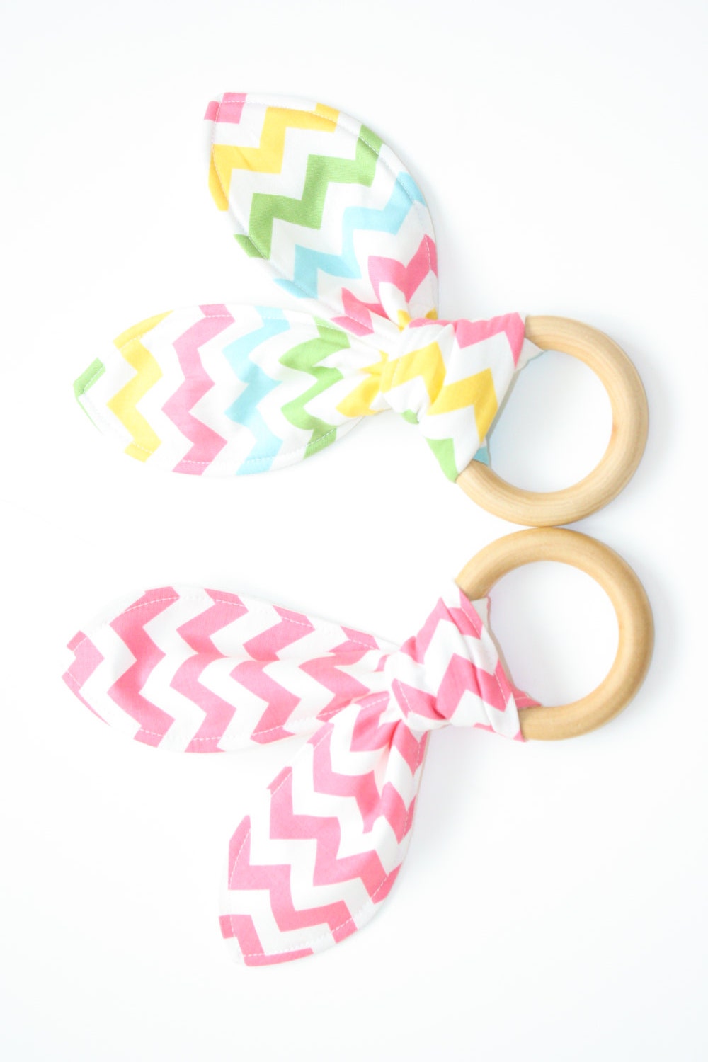 Natural Organic Treated Wooden Teething Ring - Set of 2 - Chevron in Hot Pink and Girl with Organic Flannel - Over 100 Fabric Choices