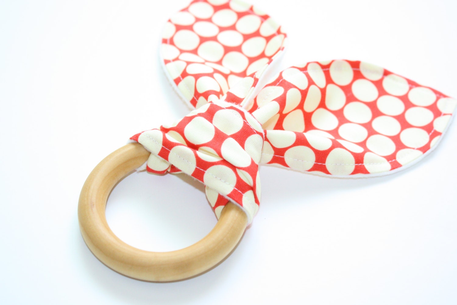 Natural Organic Treated Wooden Teething Ring - Full Moon Polka Dot in Cherry and Organic Flannel - Over 100 Fabric Choices