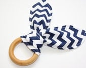 Natural Organic Treated Wooden Teething Ring - Chevron in Navy and Organic Flannel - Over 100 Fabric Choices
