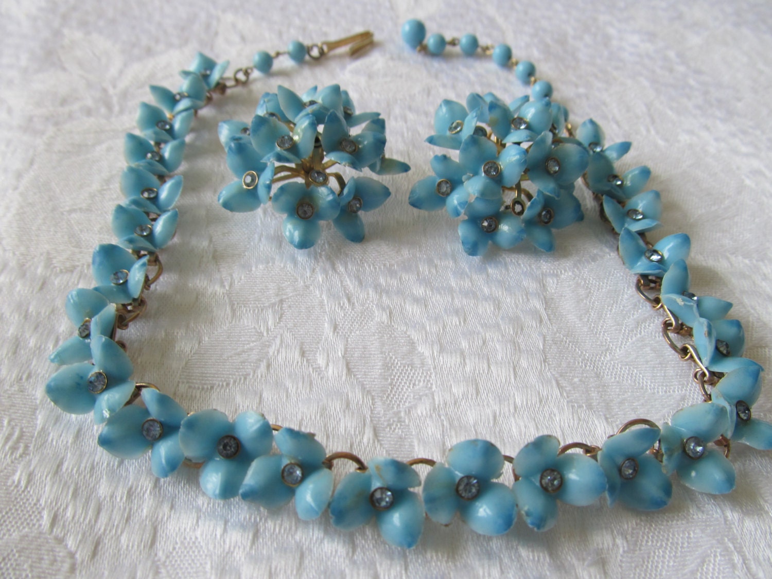 Vintage STAR Powder Blue FlowerCelluloid Necklace and Matching Earrings