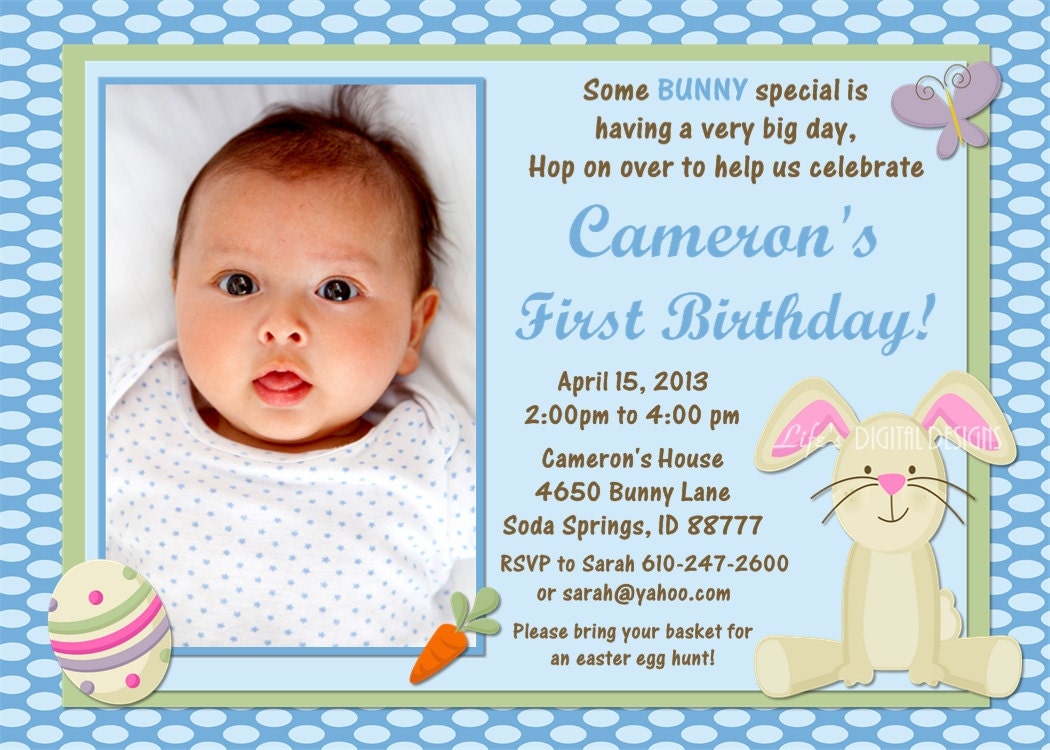 Bunny Birthday Invitation Easter Birthday Blue Photo Option Customizable Printable
