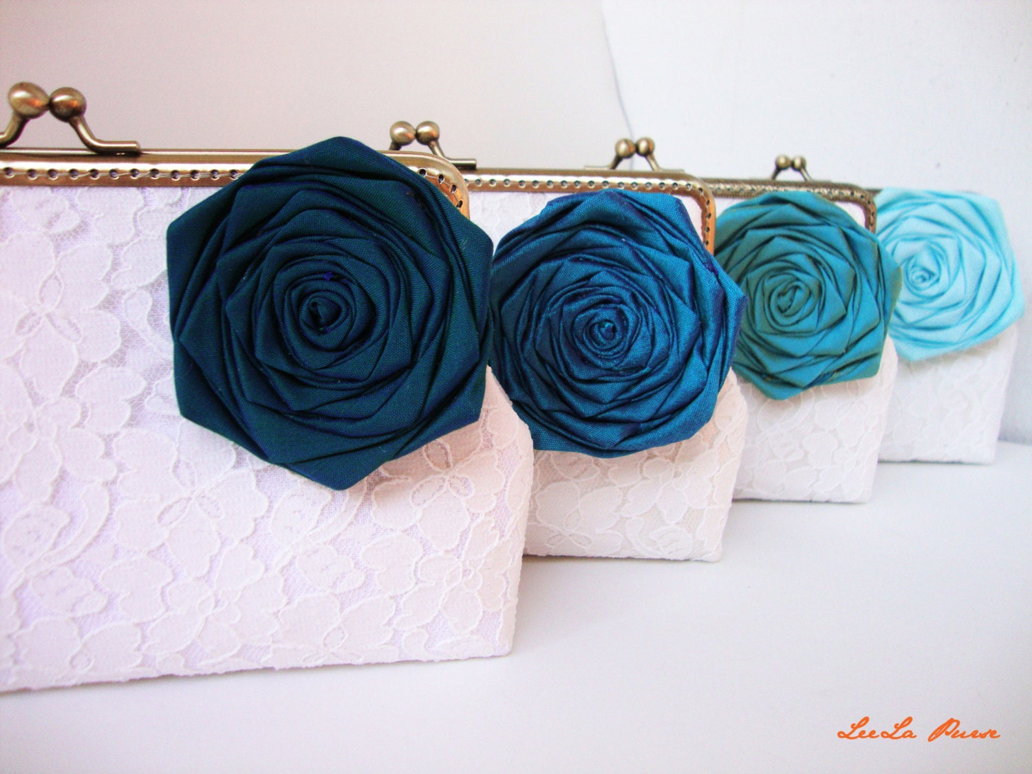 Personalize your own wedding clutch purse - perfect summer wedding colors with set of 4 clutches with roses