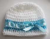 Crochet Baby Hat Beanie White Blue, 0-3M Baptism Christening Gift