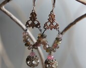 Vintage assemblage earrings tourmaline gemstones designer vintage rhinestones dangle assemblage jewelry -  by French Feather Designs.