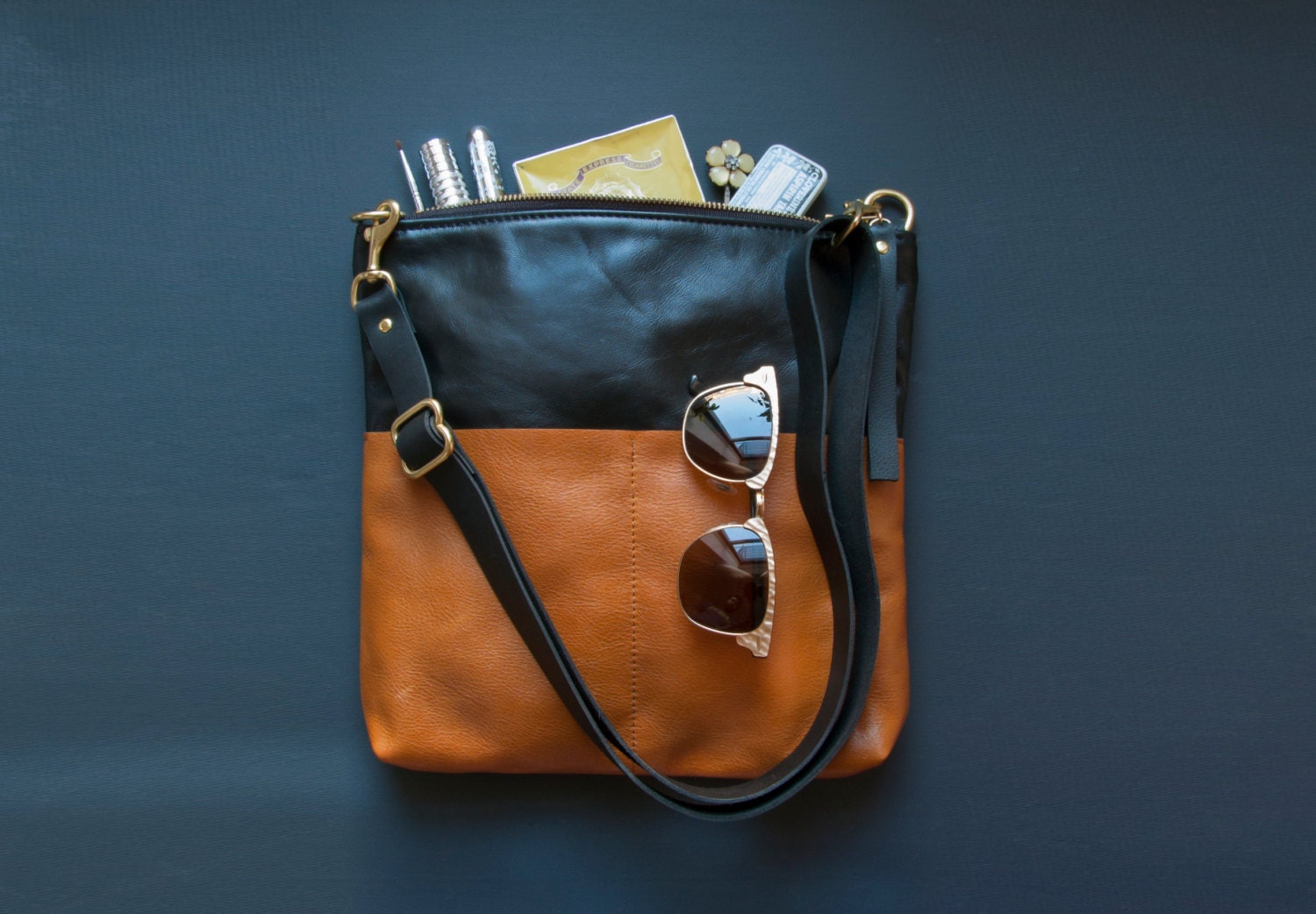 CAMEL BLACK Leather Shoulder Bag. Leather Cross Body Shoulder Bag. Color Block