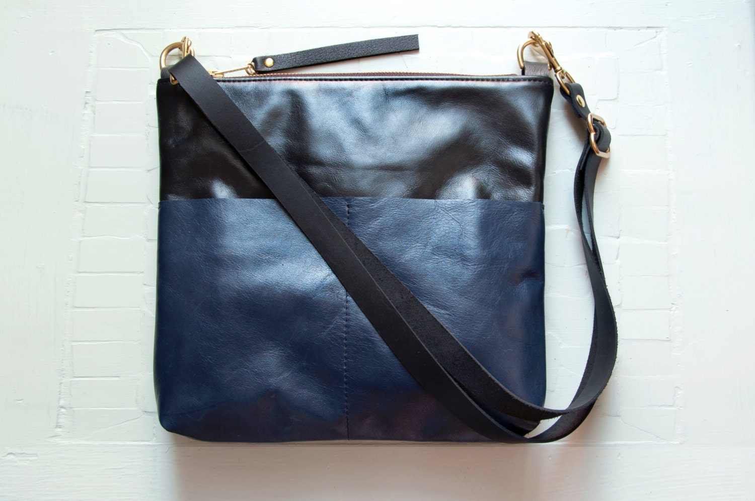 BLACK AND BLUE Leather Shoulder Bag. Leather Cross Body Shoulder Bag. Color Block