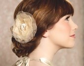 Vintage Organza Champagne Bridal Hair Flower Wedding Headpiece Ivory Pearl Stamen - Ready to Ship - CARMELLA