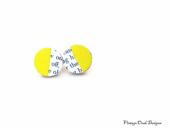 Vintage Paper Earrings, Citron Studs, Yellow Studs, Hello Summer, Book Pages Earrings, Eco-Friendly Jewelry, Mod studs, Minimalist Jewelry
