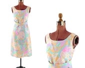 Vintage 1960's Peck & Peck Pastel Rainbow Tropical Print Shift Dress M
