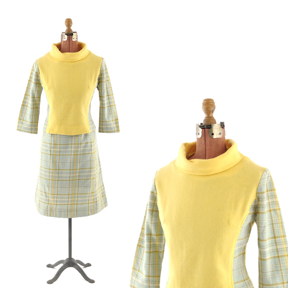 Vintage 1960's Bright Yellow WOOL Knit Mod Preppy Plaid Two Piece Dress Suit M