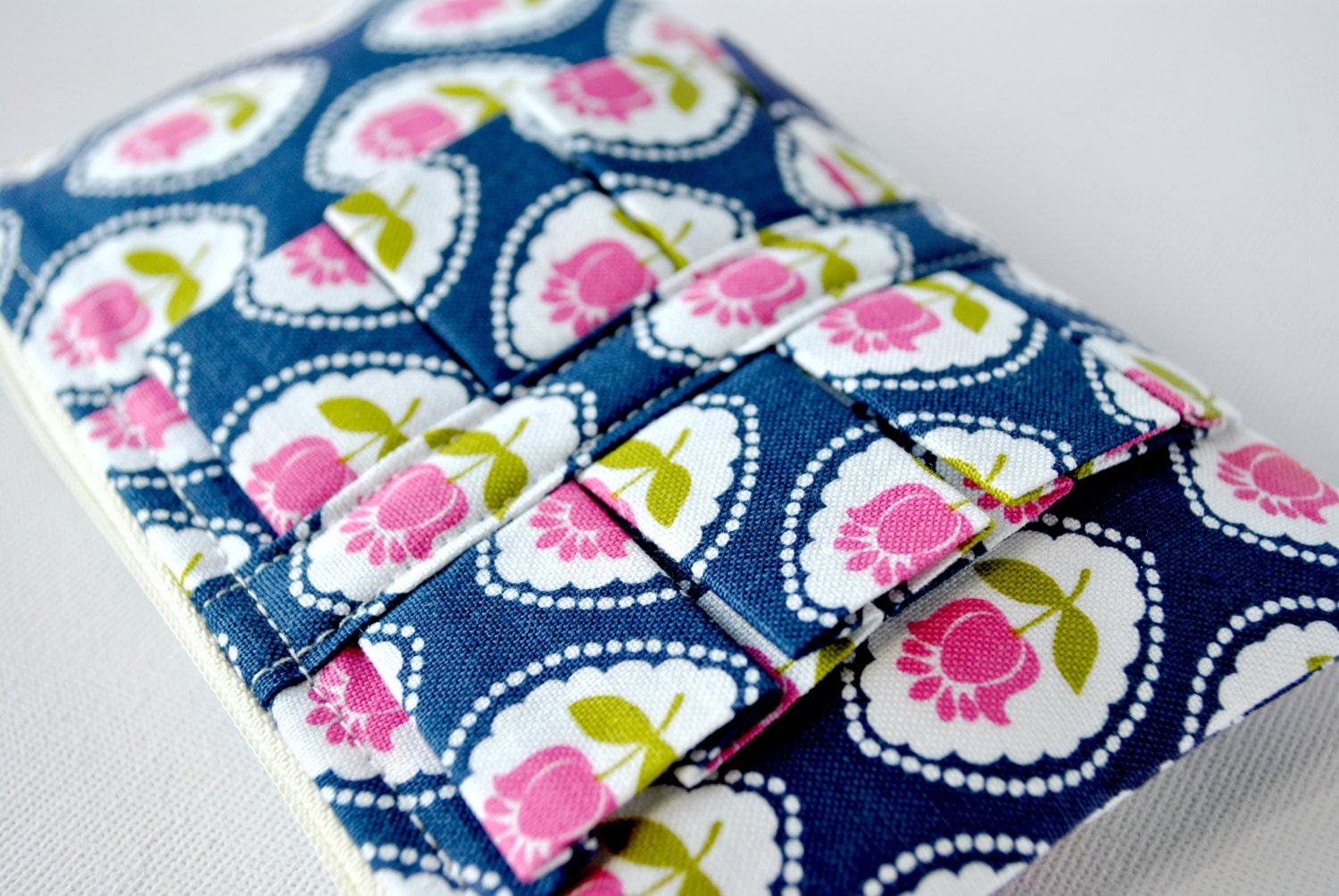 Coin purse wallet: Tilda tulip flowers on delicate lace frames in navy blue,pink and green with ruffle.