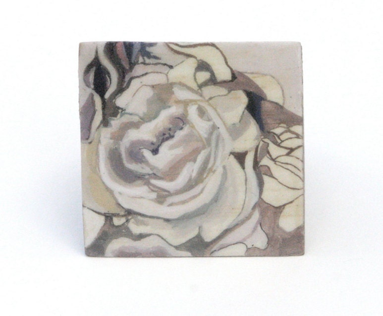 White & Mauve Rose Floral Design Hand Painted on Rosewood Ring