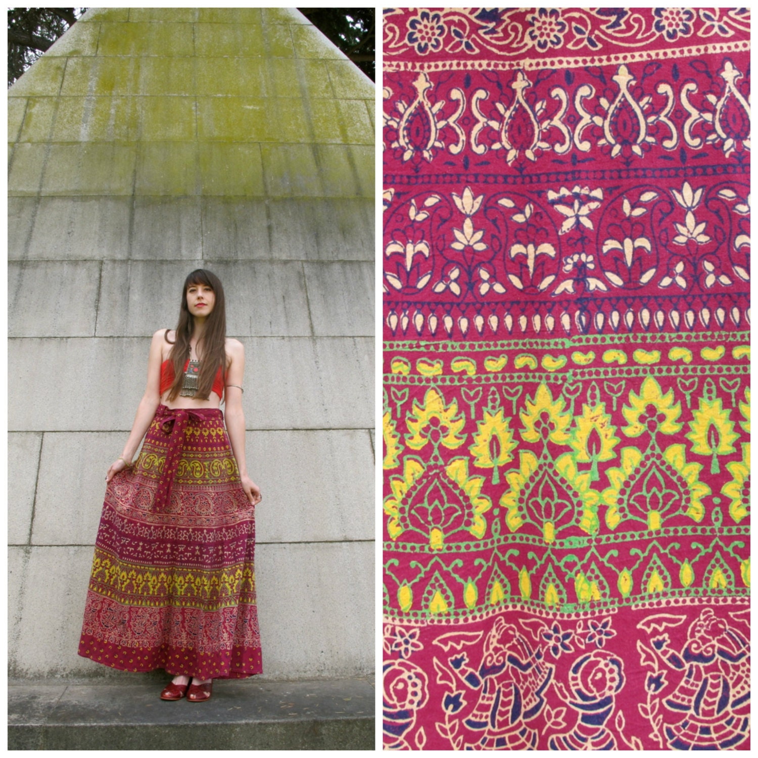 1970s INDIA Print Burgundy Red Maxi Cotton Wrap Skirt