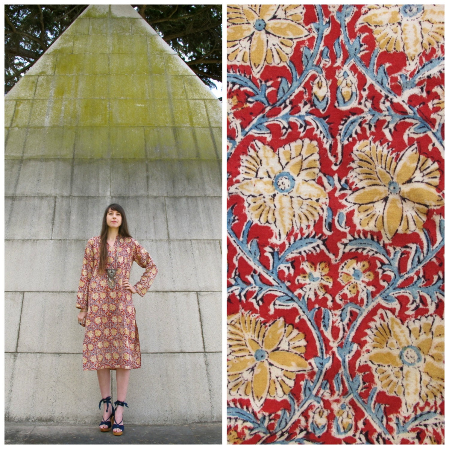 India Print Cotton Vintage Dress with Side Pocket