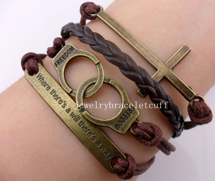 cross, where there' a will there's a way" & handcuffs bronze Charm Bracelet cotton ropes Leather Bracelet best Friendship gift   SH-08346