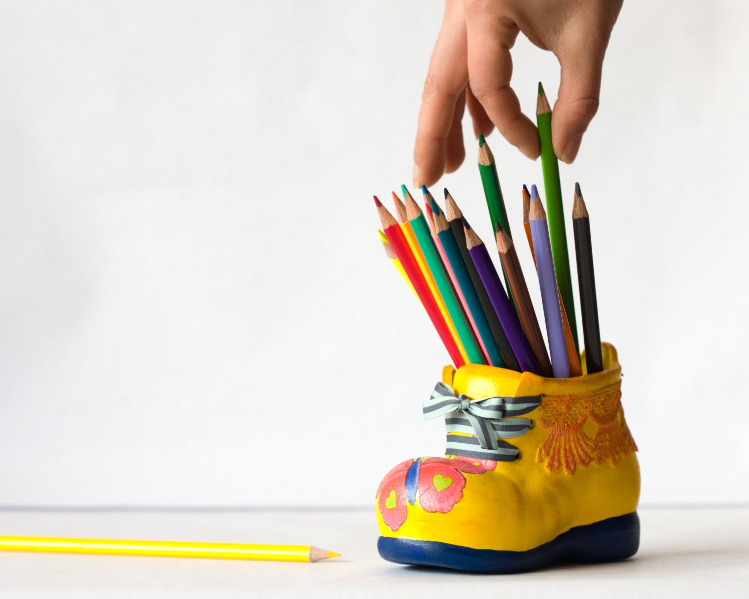 Colorful Boot Desk Accessory, Ceramic Pencil Holder, Yellow Shoe, Kids Children room decor, Home Office, Back to School