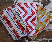 Burp Cloths Baby Boy - Set of 3 - Pooches & Pickups and Chevron - Red, Grey, Yellow and Aqua