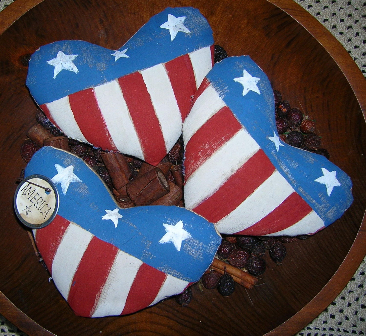 Americana Primitive HEART Ornies Painted Red White Blue Bowl Fillers Patriotic Flag Tucks